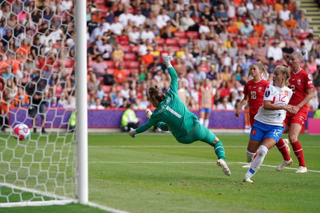 Dutch delight: Netherlands' Victoria Pelova scores her side's third goal of the game against Switzerland. Picture: Zac Goodwin/PA