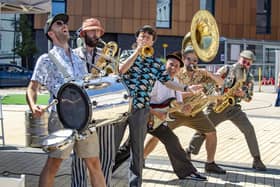The Baghdaddies play outside Barnsley Town Hall playing for the Brassed On Barnsley Festival of Brass. Picture Tony Johnson.