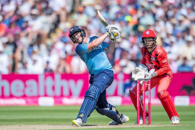 BIG HITTER: Yorkshire Vikings' Tom Kohler-Cadmore hits a six to bring up his half century against the Lancashire Lightning. Picture by Allan McKenzie/SWpix.com