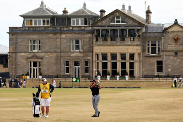 John Parry of England plays his second shot on the first hole during Day One of The 150th Open at St Andrews Old Course on July 14, 2022 in St Andrews, Scotland. (Picture: Harry How/Getty Images)