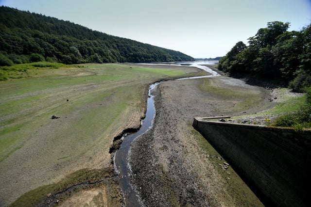 The dried-up bed of Lindley Moor Reservoir in the Washburn Valley