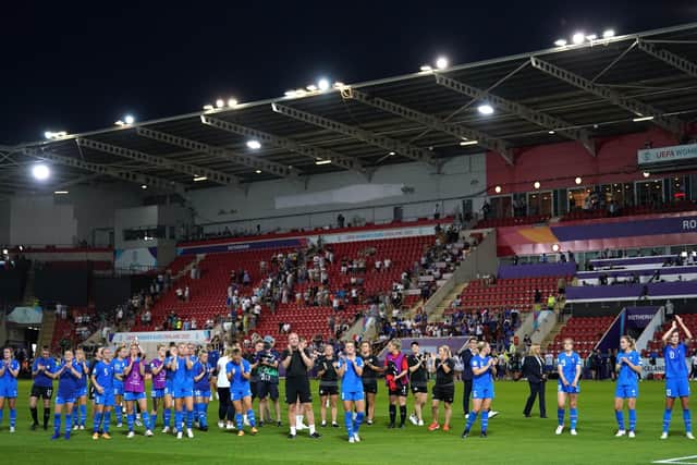 Iceland players and staff applaud the fans following their exit from the competition. Picture: PA