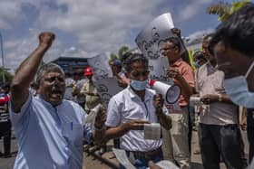 Trade union representatives and activists shout slogans during a protest against Sri Lanka's acting president Ranil Wickremesinghe in Colombo, Sri Lanka, Monday, July 18, 2022. Picture: AP Photo/Rafiq Maqbool.