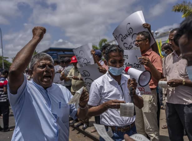 Trade union representatives and activists shout slogans during a protest against Sri Lanka's acting president Ranil Wickremesinghe in Colombo, Sri Lanka, Monday, July 18, 2022. Picture: AP Photo/Rafiq Maqbool.