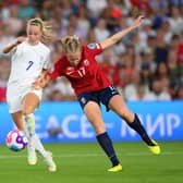 Beth Mead of England is challenged by Julie Blakstad of Norway during the UEFA Women's Euro 2022 group A match between England and Norway at Brighton & Hove Community Stadium on July 11, 2022 in Brighton, England. (Photo by Mike Hewitt/Getty Images)