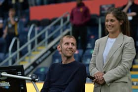 Rob Burrow with his wife Lindsey before the match. Picture: Jonathan Gawthorpe.