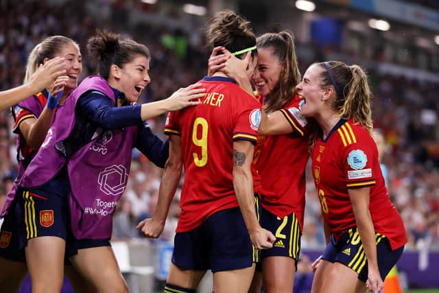 Spain's Esther Gonzalez celebrates her goal with Ona Batlle and Teresa Abelleira. (Photo by Naomi Baker/Getty Images)