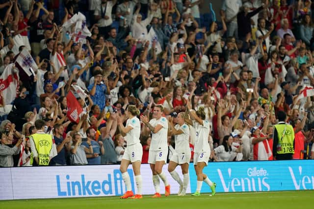 Left to right, England's Ellen White, Millie Bright, Beth Mead and Rachel Daly celebrate. Picture: PA