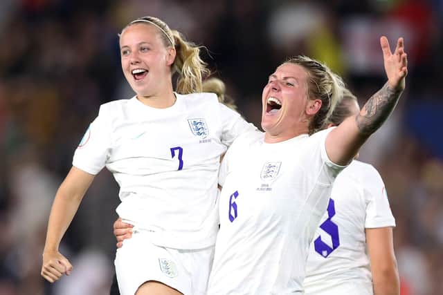 Yorkshire duo Beth Mead celebrates with Millie Bright. (Photo by Naomi Baker/Getty Images)