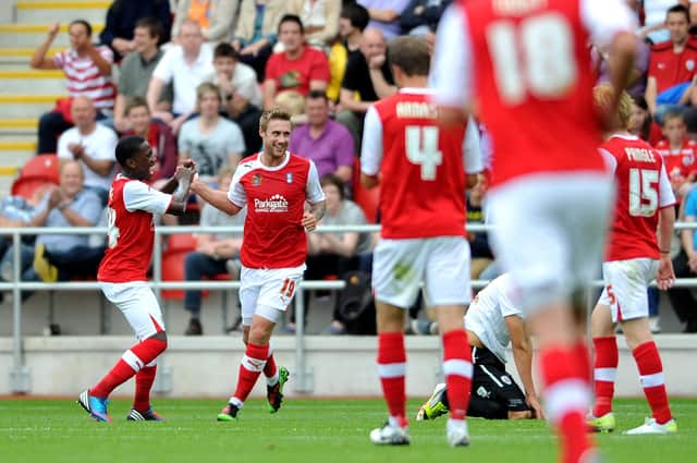 DO YOU REMEMBER THE FIRST TIME? Rotherham United's David Noble celebrates scoring against Barnsley on July 22, 2012 - the first Millers goal to be scored at the New York Stadium. Picture: Jonathan Gawthorpe.