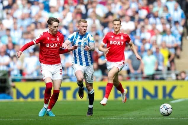 Huddersfield Town's Lewis O'Brien in action against Nottingham Forest in the Championship play-off final at Wembley on May 29- in his last game for the club. He has now joined Forest. Picture: William Early/Getty Images