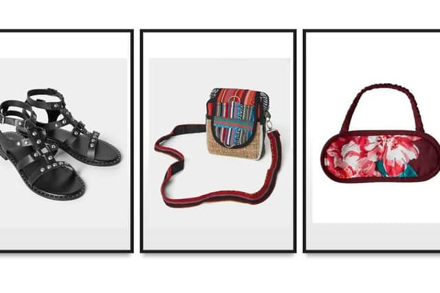 Holiday essentials from Joe Browns - Athena studded leather sandals, £55 at Joe Browns; Free Feeling multiway bag, now £17 at Joe Browns; Floral eye mask, £5 at Joe Browns.