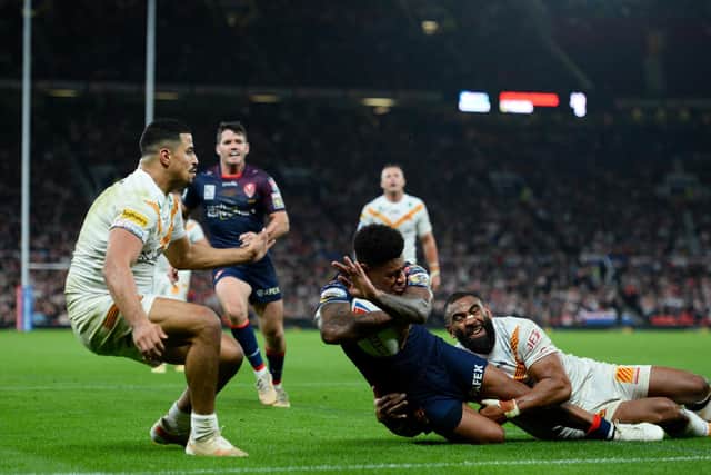 Kevin Naiqama scores a try against Catalans Dragons at Old Trafford. (Picture: SWPix.com)