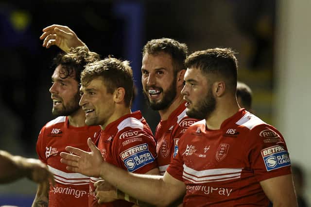 Hull KR celebrate Jimmy Keinhorst's try against Warrington Wolves in the 2021 play-offs. (Picture: SWPix.com)