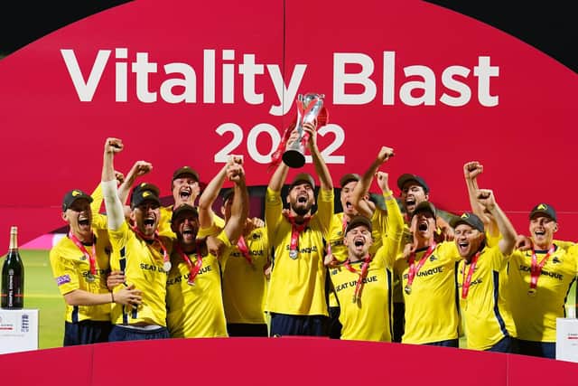 Hampshire celebrates with the trophy following victory over Lancashire Lightning following the Vitality Blast T20 final match at Edgbaston Picture: Mike Egerton/PA