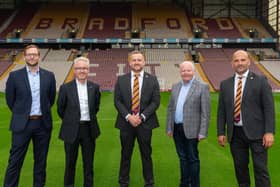 Left to right: Andy Bateman, JCT600 customer experience director; John Tordoff, JCT600 CEO; Ryan Sparks, Bradford City CEO; Ian Tordoff, JCT600 director; Davide Longo, Bradford City chief commercial officer. Picture courtesy of BCAFC.
