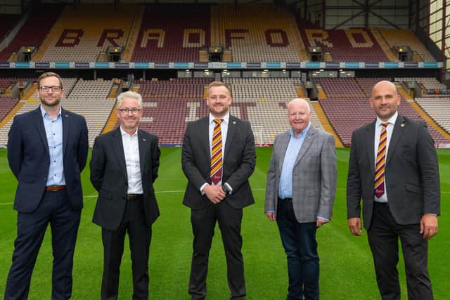 Left to right: Andy Bateman, JCT600 customer experience director; John Tordoff, JCT600 CEO; Ryan Sparks, Bradford City CEO; Ian Tordoff, JCT600 director; Davide Longo, Bradford City chief commercial officer. Picture courtesy of BCAFC.