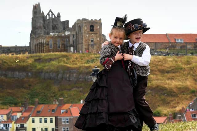 Isabella Hayton with her brother Matthew, aged 5, are pictured with the Abbey in the background at the second Whitby Steampunk Weekend of 2022.
Picture by Simon Hulme 23rd July  2022