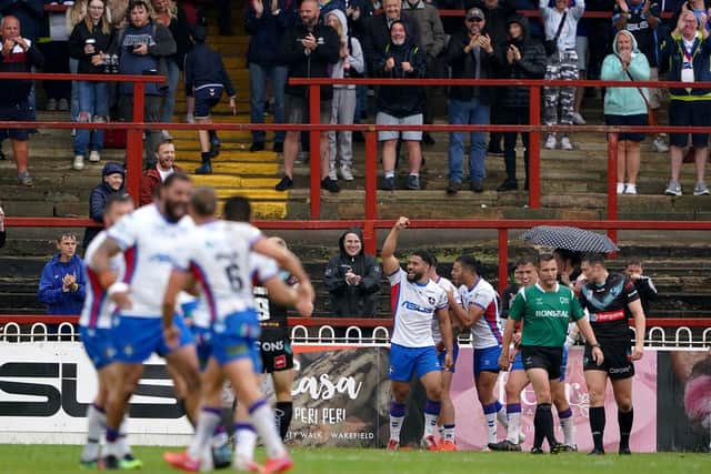 Advantage Wakefield:  Trinity's Jack Croft celebrates scoring his side's second try against Saints. Picture: Zac Goodwin/PA Wire.