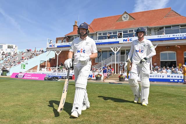 Yorkshire's Adam Lyth and George Hill walk out to open the batting against Surrey at Scarborough earlier this month. Picture by Will Palmer/SWpix.com