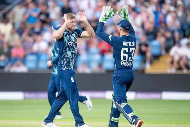 England's David WIlley and captain Jos Buttler celebrate taking the wicket of South Africa's Janneman Malan Picture by Allan McKenzie/SWpix.com