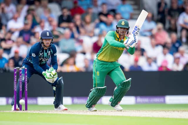South Africa's Quinton de Kock hits out on his way to an unbeaten 92 against England Picture by Allan McKenzie/SWpix.com