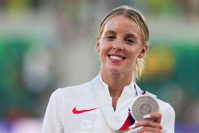 Keely Hodgkinson - pictured with her silver medal following the 800m Final at the World Athletics Championships at Hayward Field, Oregon Picture: Martin Rickett/PA