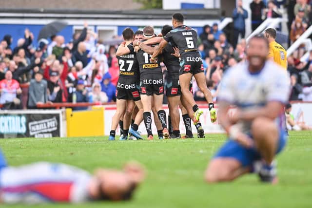 St Helens celebrate their golden-point victory over Wakefield Trinity. (Picture: SWPix.com)