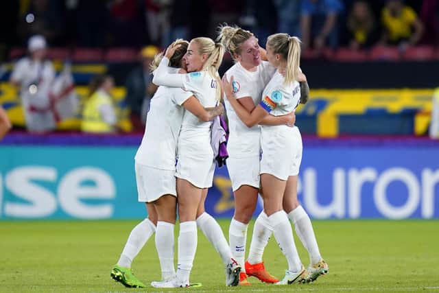 ENGLAND 4-0 SWEDEN: England's Millie Bright (second right) celebrates with team-mates at the end of the UEFA Women's Euro 2022 semi-final match at Bramall Lane, Sheffield. Picture: Danny Lawson/PA Wire.
