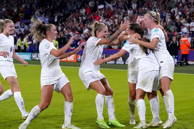 ENGLAND 4-0 SWEDEN: England players celebrate after team-mate Fran Kirby scores their side's fourth goal of the game during the UEFA Women's Euro 2022 semi-final match at Bramall Lane, Sheffield. Picture: Danny Lawson/PA Wire.