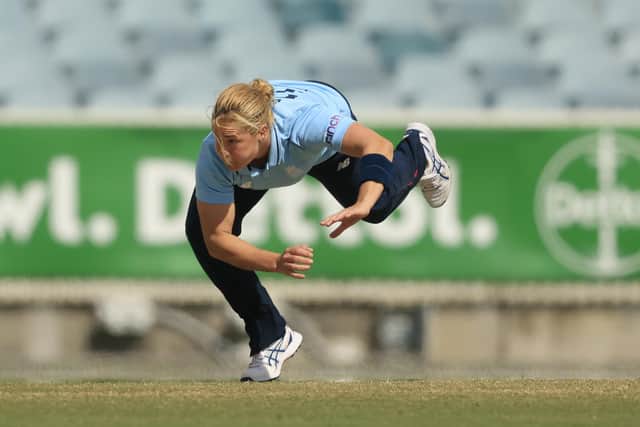 GOING STRONG: Katherine Brunt bowls during an Ashes ODI against Australia in Canberra earlier this year. Picture: Mark Evans/Getty Images