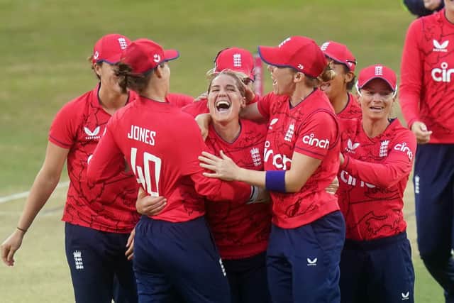 England's Katherine Brunt (centre) celebrates taking the wicket of South Africa's June Luus in the recent T20 match at Chelmsford. Picture: Adam Davy/PA