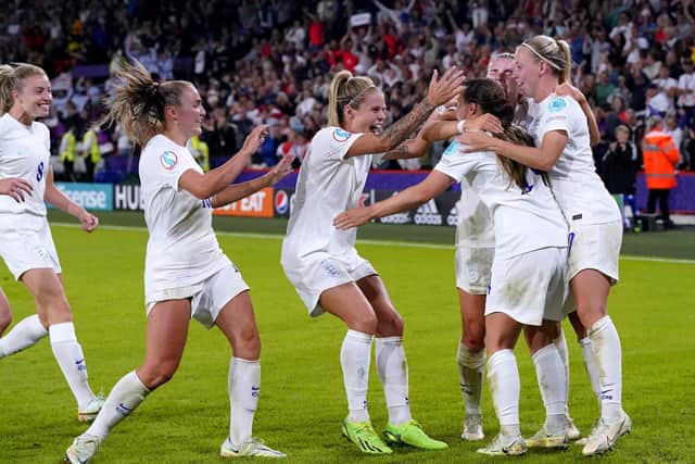 England celebrate the fourth goal against Sweden.