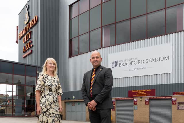 Professor Shirley Congdon (left), vice-chancellor of the University of Bradford pictured with Davide Longo (right), Bradford City's chief commercial officer. Picture courtesy of BCAFC.