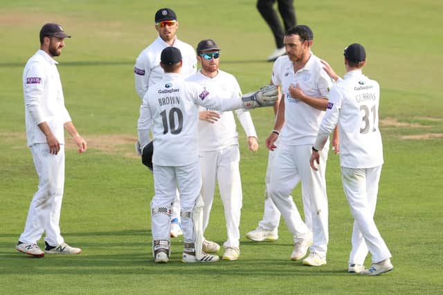 Hampshire's Kyle Abbott celebrates taking the wicket of Yorkshire's Jordan Thompson on day three (Picture: John Clifton/SWPix.com)