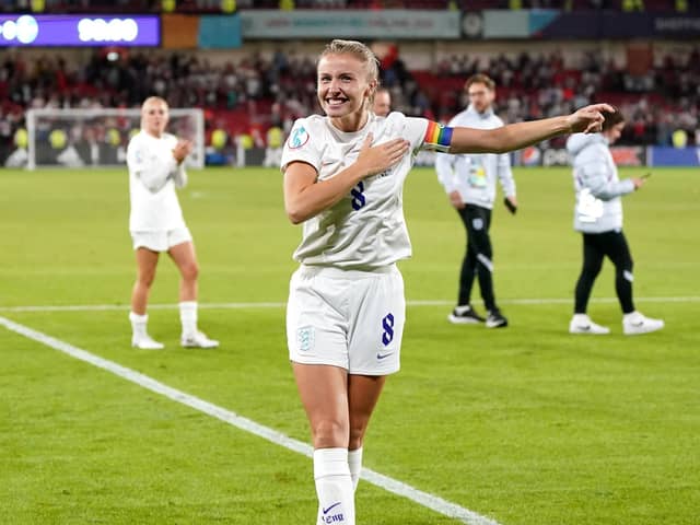 Leah Williamson: Big smiles from the Lionesses captain at Bramall Lane on Tuesday. (Picture: PA)