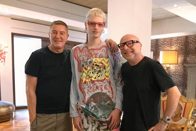 Stefano Gabbana, Matty Bovan, and Domenico Dolce at Dolce&Gabbana HQ last week in Milan.