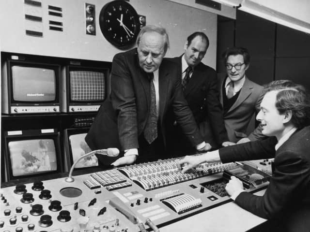 Pictured after the opening are: L-R Sir Michael, Mr. William Greaves, Regional TV manager and Dr. Patrick Nutgens, Chairman, BBC North Advisory Council, with Mr. Howard Brookbank, senior engineer (front) showing the group the main control consul in the control room. Photo: Peter Thacker