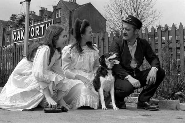 Bernard Cribbins with actresses, Sally Thomsett (left) and Jenny Agutter, filming The Railway Children on location at Oakworth in 1970
