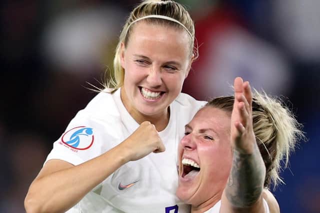 Beth Mead celebrates with Millie Bright of England following the UEFA Women's Euro England 2022 Quarter Final match between England and Spain. (Picture: Naomi Baker/Getty Images)
