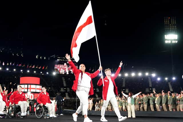 England's Emily Campbell and Jack Laugher lead the England team into the stadium during the opening ceremony of the Birmingham 2022 Commonwealth Games at the Alexander Stadium (Picture: PA)