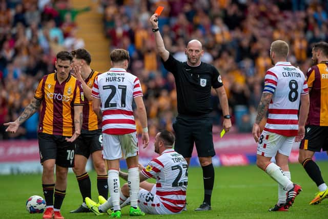 Doncaster Rovers' Lee Tomlin receives his marching orders at Bradford City. Picture: Bruce Rollinson.