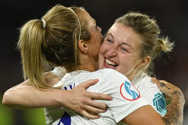 England's striker Ellen White (R) celebrates with England's defender Rachel Daly after winning at the end of the UEFA Women's Euro 2022 semi-final football match against Sweden (Picture: Getty Images)