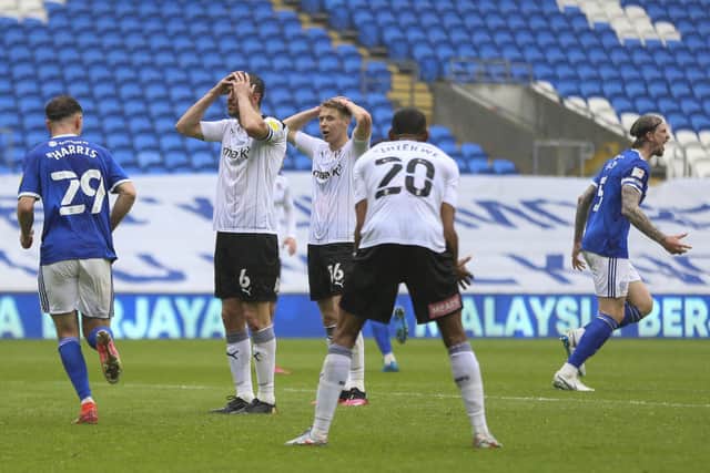 THE DOWNS ... Cardiff City's players celebrate their equalising goal against Rotherham United in May last year - a strike which ultimately sent the Millers down at the end of the 2020-21 Championship campaign. Picture: Getty Images