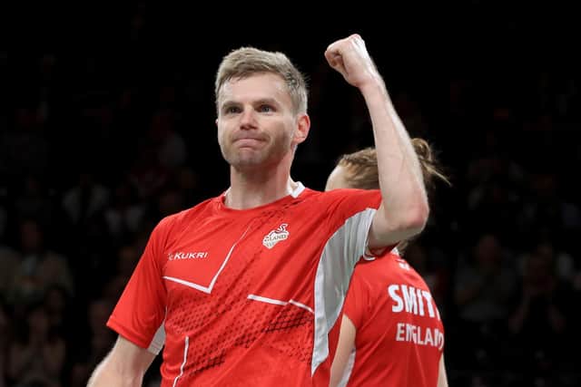 VITAL WIN: England’s Marcus Ellis celebrates after winning his doubles match with Lauren Smith against Canada’s Alexander Lindeman and Josephine Wu at The NEC on day three of the 2022 Commonwealth Games in Birmingham. Picture: PA Wire.