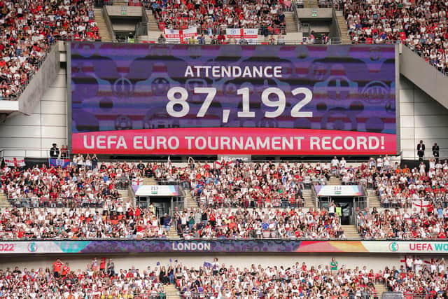 Record breakers: The big screen displays the record attendance for a UEFA Euro tournament during the UEFA Women's Euro 2022 final at Wembley. Picture: Jonathan Brady/PA Wire.