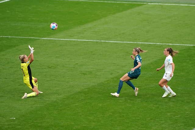 Off the mark: England's Ella Toone scores the first goal of the final at Wembley. Picture: Joe Giddens/PA Wire.