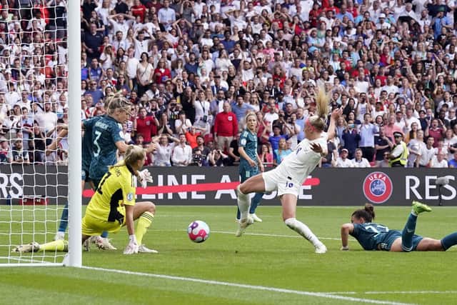 Get in: England's Chloe Kelly scores the extra-time winner. Picture: Danny Lawson/PA Wire.