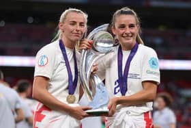 Winning combination: England goalscorers Chloe Kelly, left, and Ella Toone, with the Euro 2022 trophy. (Photo by Naomi Baker/Getty Images)