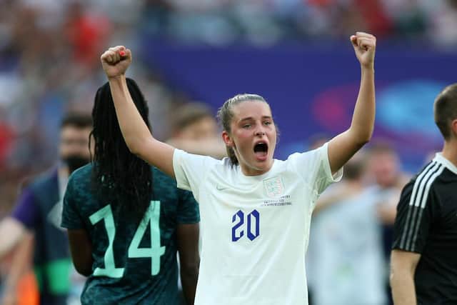 Brilliant goal: England's opening goalscorer Ella Toone celebrates victory over Germany at Wembley. Picture: Nigel French/PA Wire.